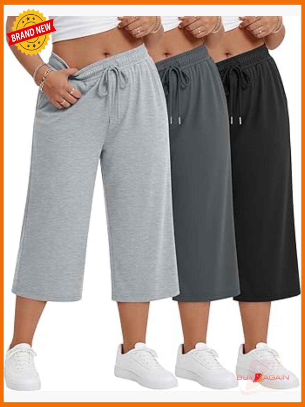 3 Pack Plus Size Capri Pants, Drawstring Crop Lounge Sweatpants with Pockets